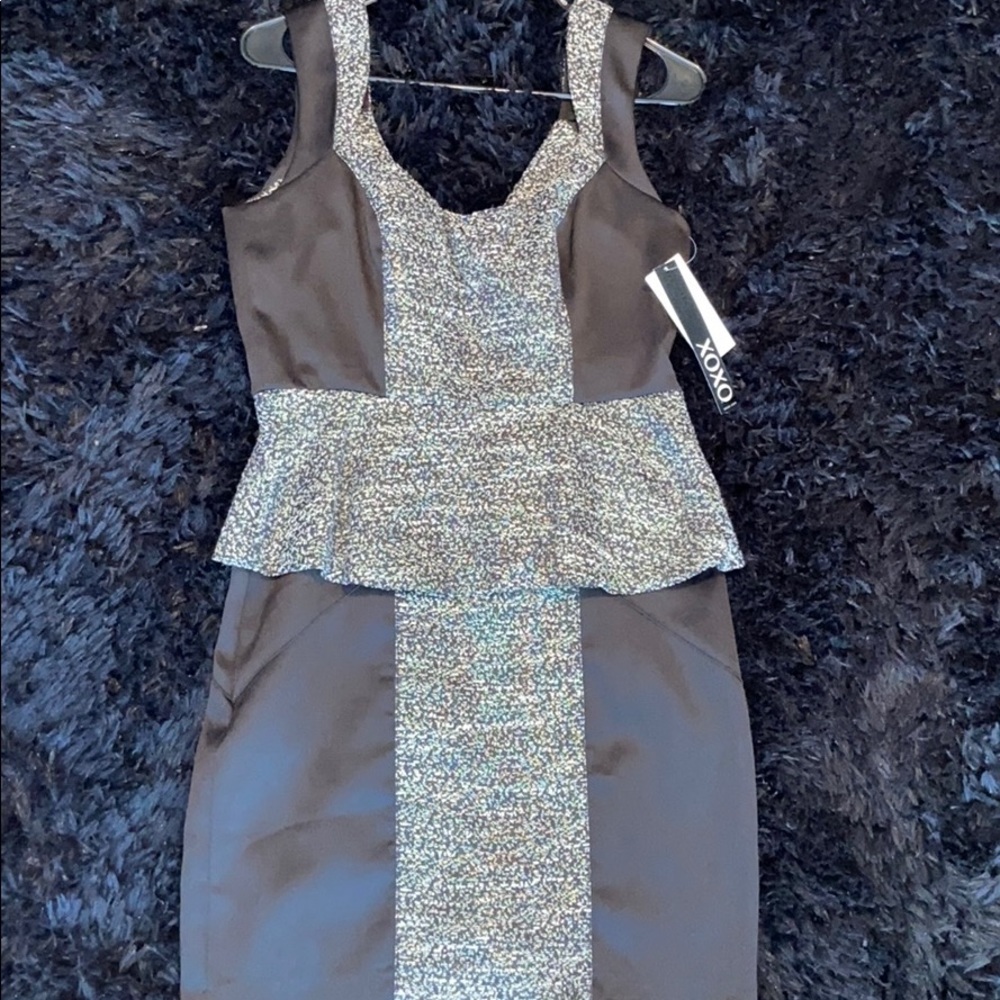 Black, white, and gold cocktail dress